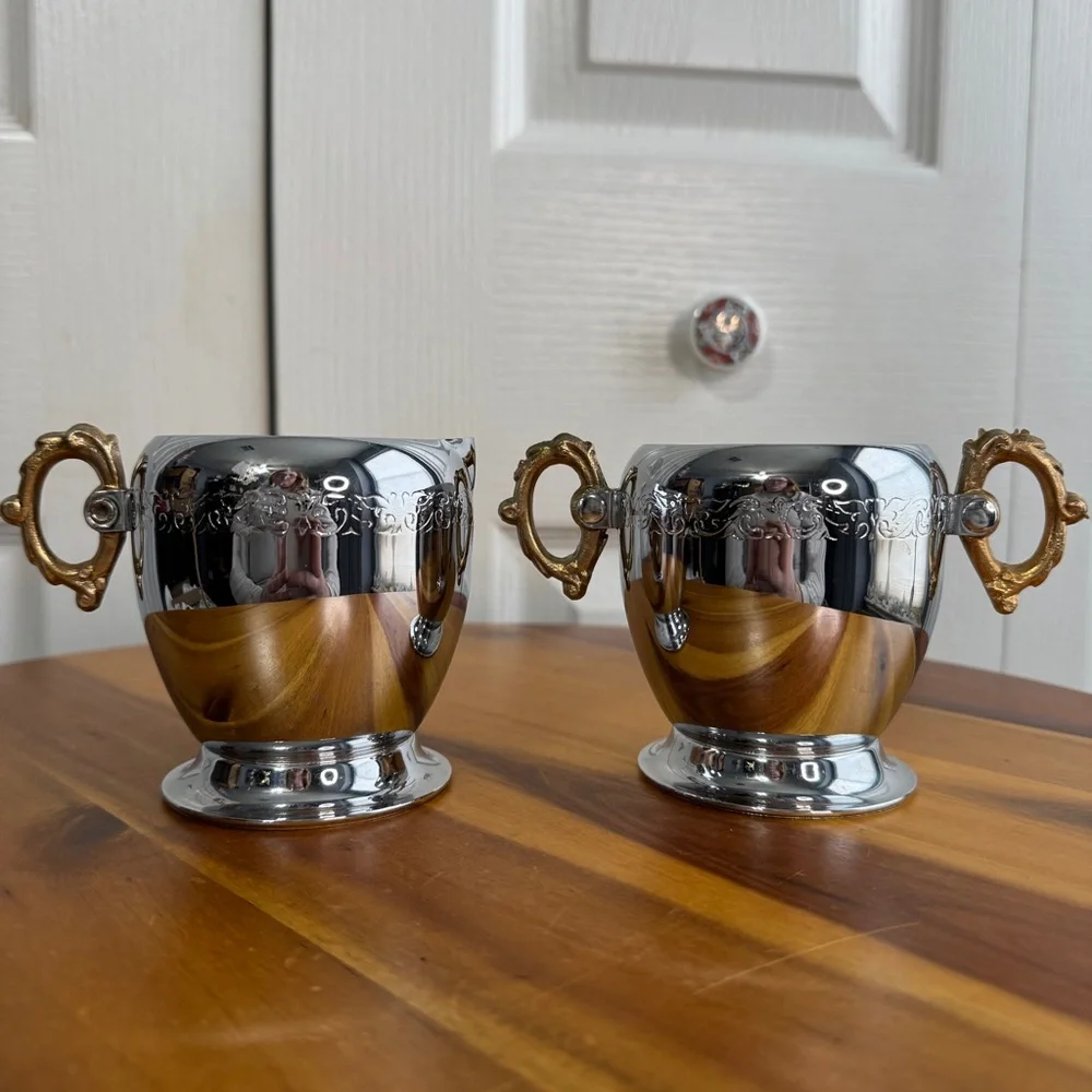 Vintage chrome gold tone handle sugar and cream set